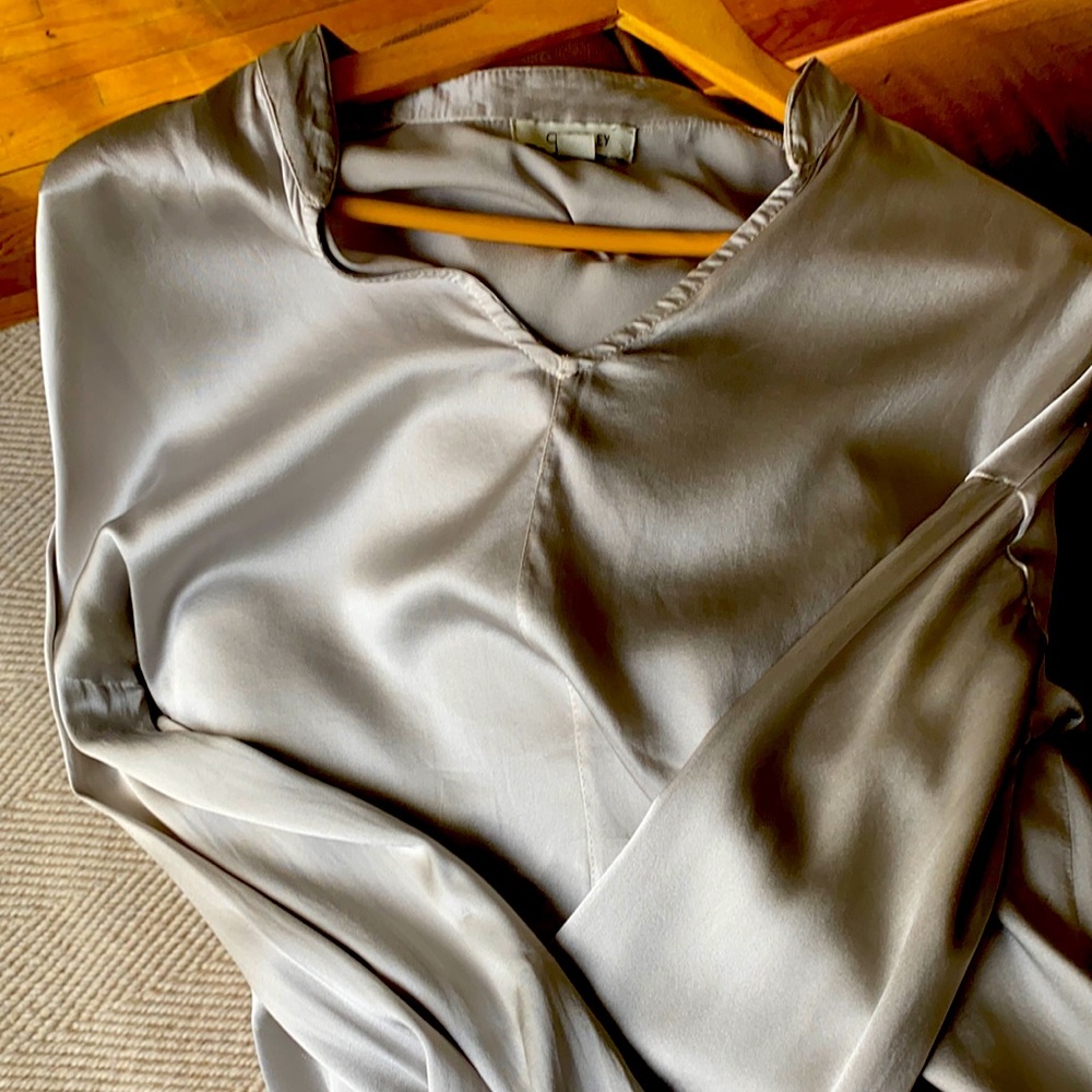 Pewter Silver Silk V Neck Blouse - Italian Made Size S